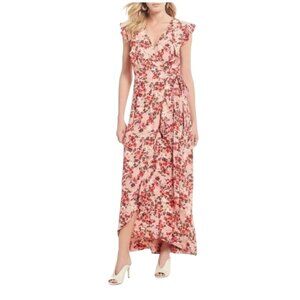 WAYF Sara Wrap Maxi Dress Womens Small Pink Red Ditsy Floral V-Neck Short Sleeve